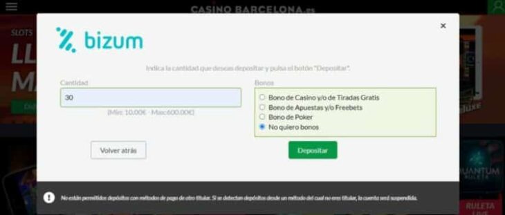 Depósito de dinero con Bizum desde el cajero de un casino online